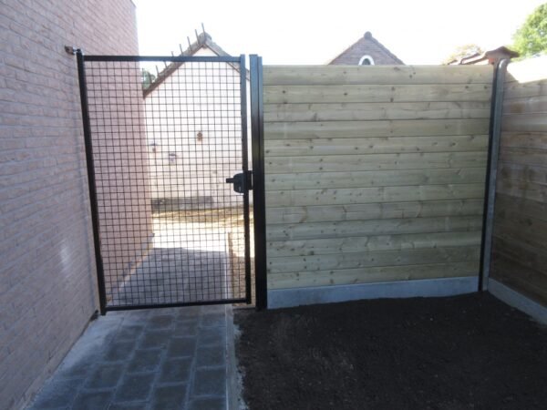 Enkele tuinpoort met ronde palen – gelast gaas 50×50