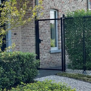 Enkele tuinpoort met ronde palen – gelast gaas 50×50